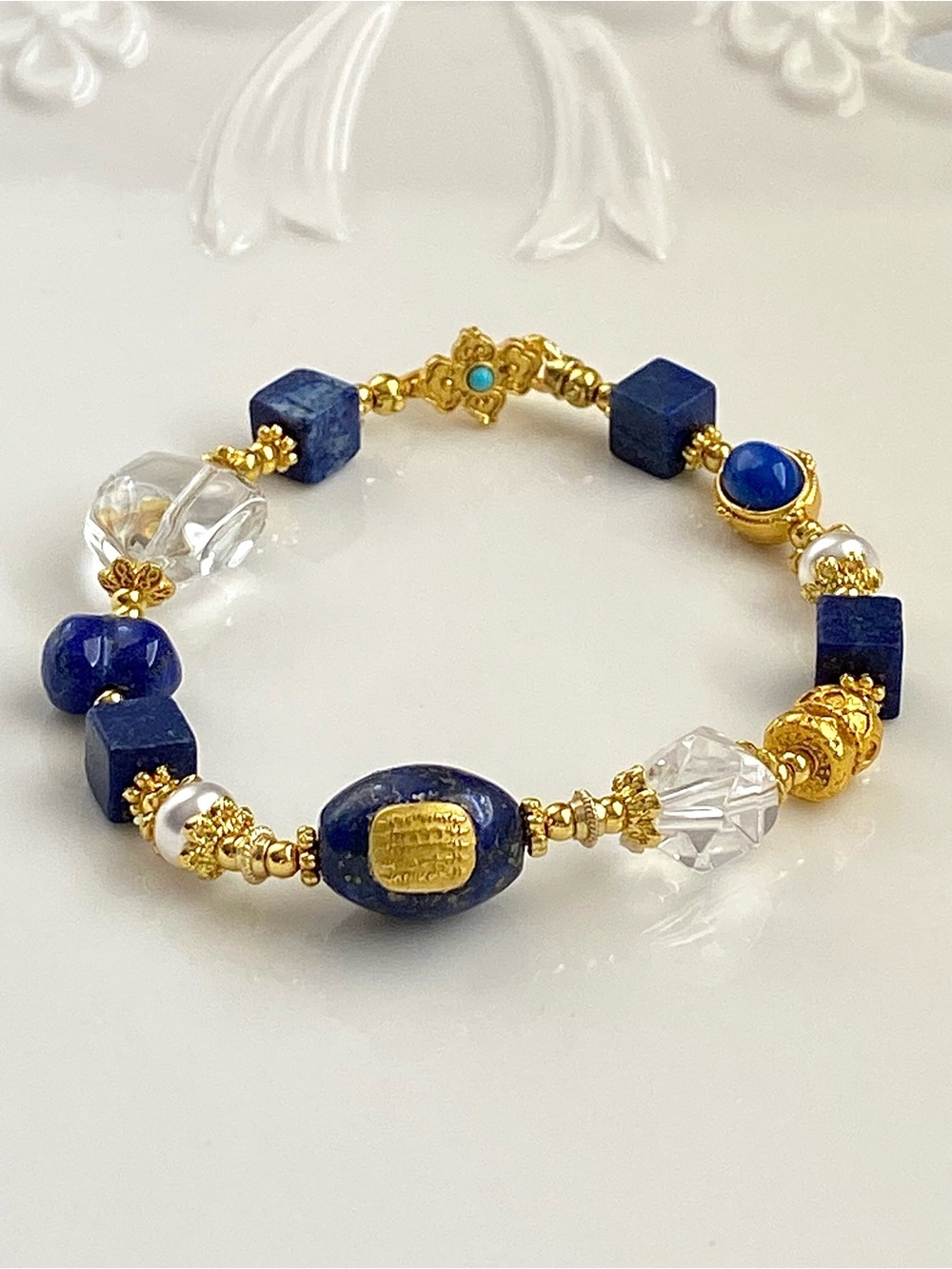 B190-Lapis And Clear Quartz High Quality Handmade Bracelet